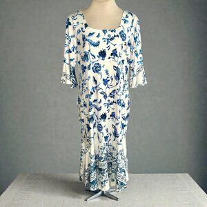 Ashro Dress Blue and White Floral Midi Flutter Hem Size Large